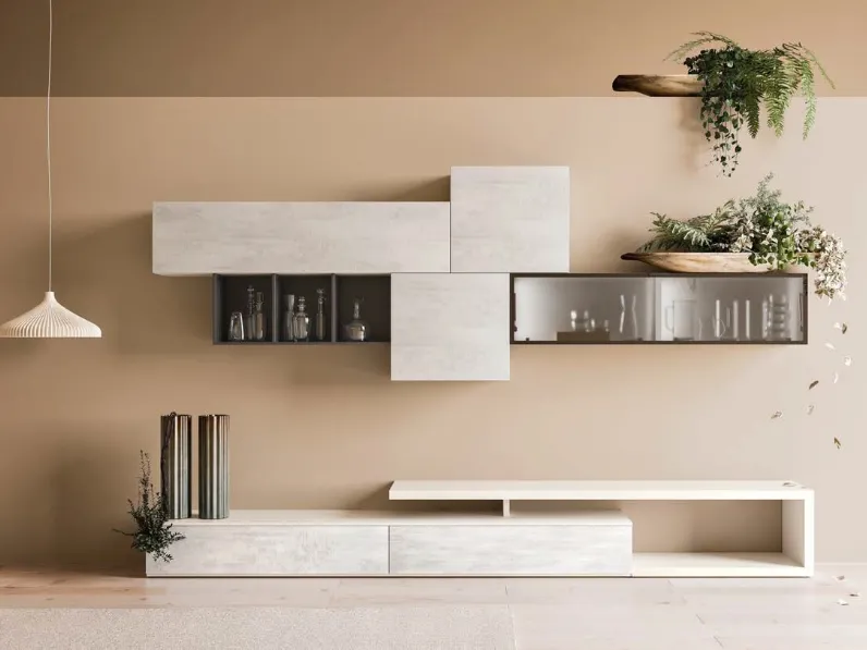 Parete Attrezzata Composizione Day M15 finitura Perla e Calce Bianca di Marka Total Living