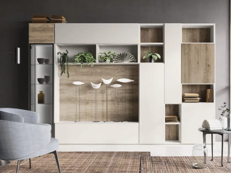 Parete Attrezzata Composizione Day M19 in melaminico Perla e Rockwood Cannella di Marka Total Living