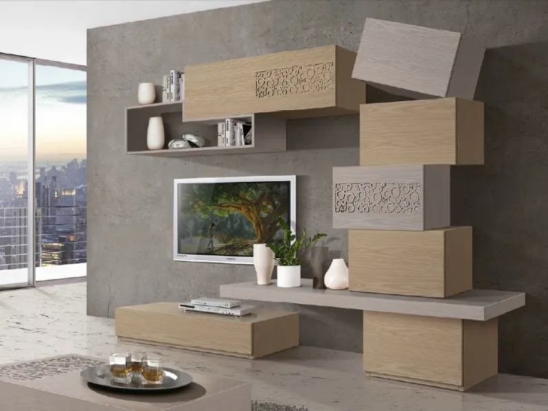 Parete Attrezzata componibile Composizione TR1755 in Frassino con traforo di Imba Srl