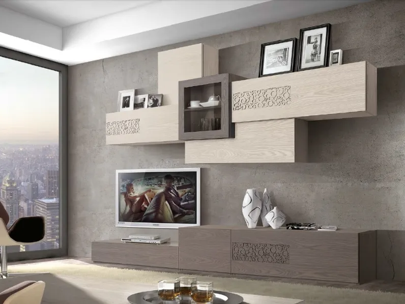 Parete Attrezzata Composizione TR1758 in Frassino con traforo di Imba Srl