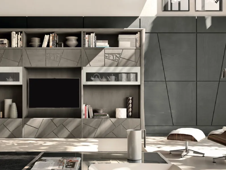 Parete Attrezzata in legno di frassino finitura Fumo con frontali decorati Decor Comp 226 di Modo 10