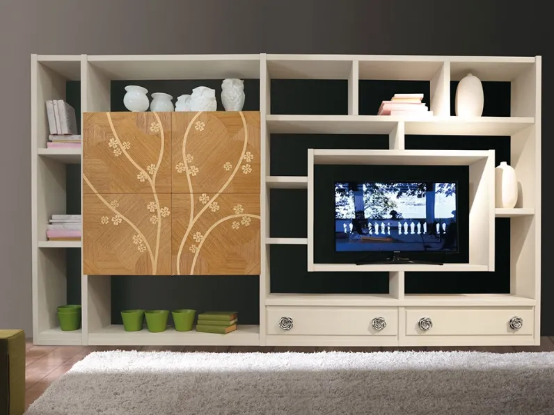 Parete Attrezzata Archimede Domino C5077 in legno di rovere decorato con fiori di Betamobili