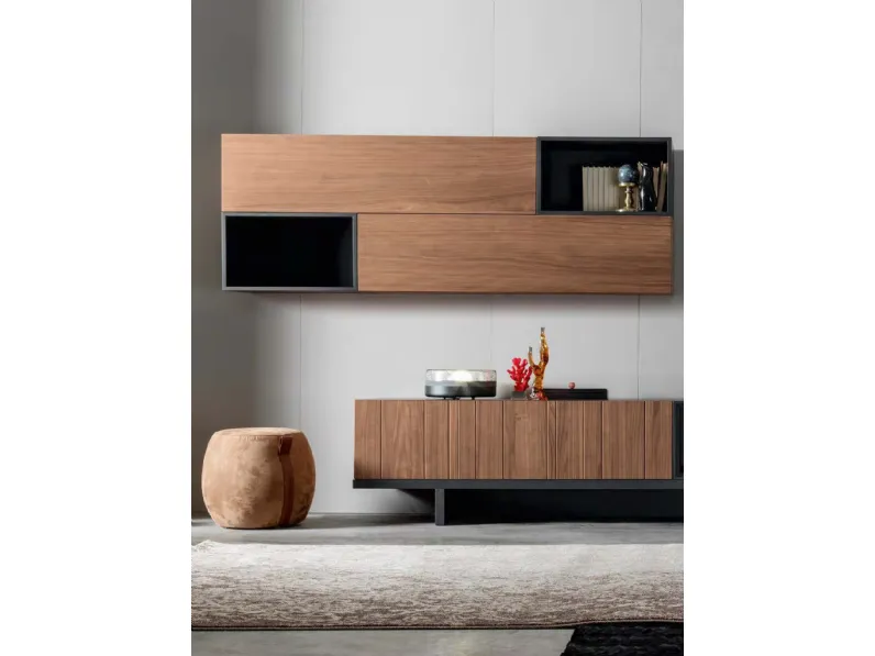 Parete Attrezzata in noce canaletto finitura antracite e havana Domino Componibile 90A di Modesign