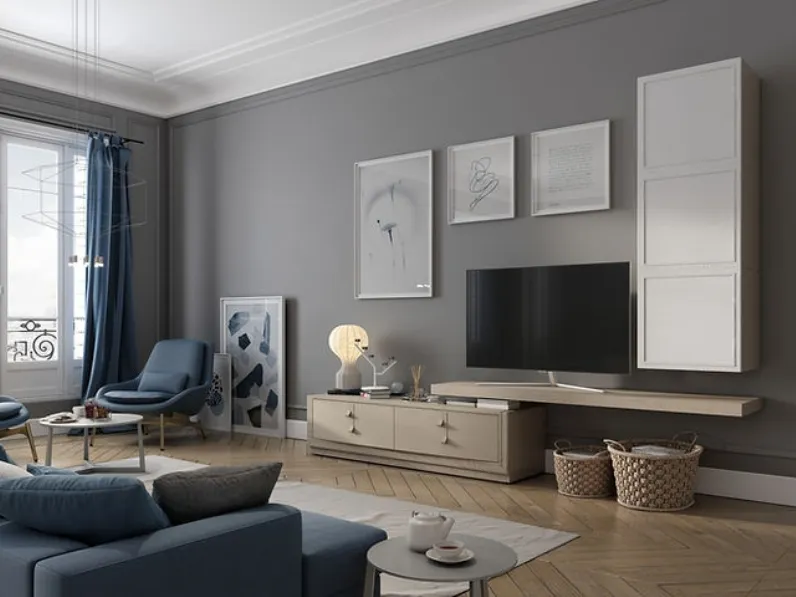 Parete Attrezzata Flor 47F13 finitura Avena e Gesso di Fasolin