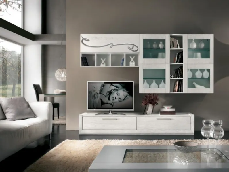 Parete Attrezzata Giselle art 4224 in Bianco con dettagli foglia Argento di Padovani Mobili