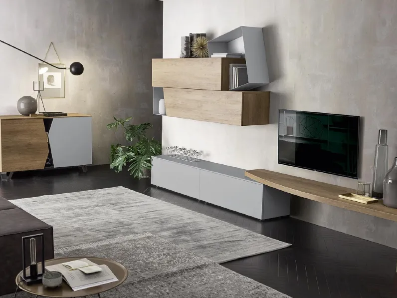 Parete Attrezzata HC005 in materico Nodato Chiaro e opaco Carta da Zucchero di Murobianco