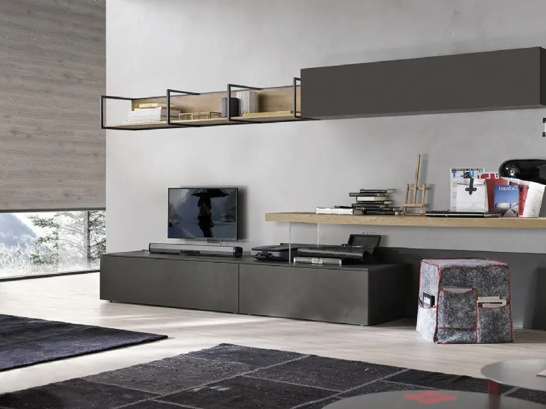 Parete Attrezzata HC007 in materico Cemento Scuro e Nodato Chiaro di Murobianco