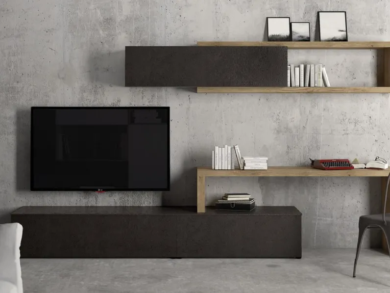 Parete Attrezzata HC109 in materico Cemento Scuro e Nodato Chiaro di Murobianco