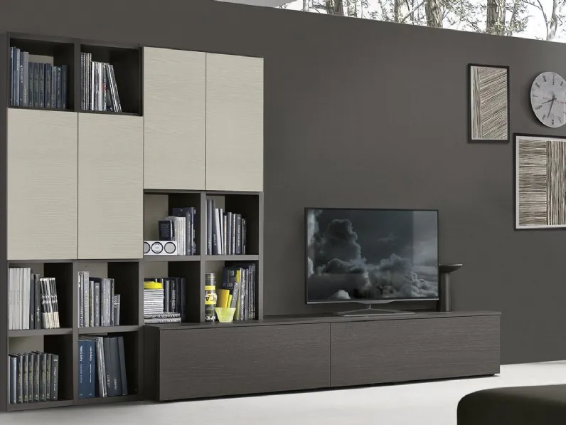 Parete Attrezzata sospesa HC011 in laccato opaco Madreperla e Antracite e materico Cemento Cava di Murobianco