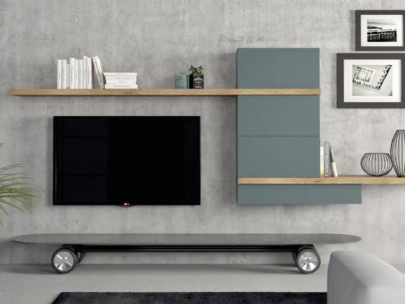 Parete Attrezzata HC112 in laccato opaco Salvia e materico Nodato Chiaro e Cemento Scuro di Murobianco