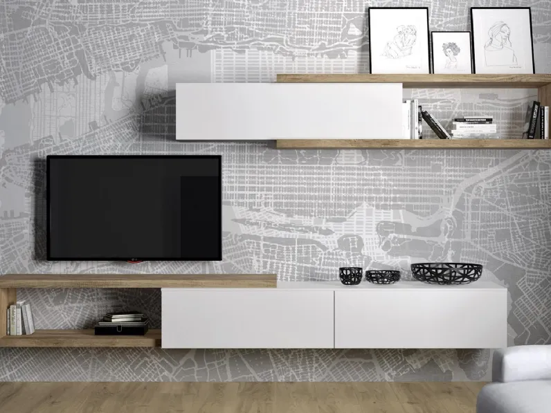 Parete Attrezzata sospesa HC114 in laccato Bianco Gesso e Nodato Chiaro di Murobianco