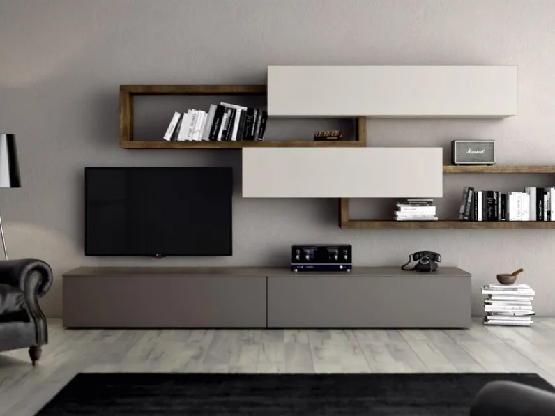 Parete Attrezzata HC119 in laccato opaco Smoke e Madreperla e materico Nodato Scuro di Murobianco