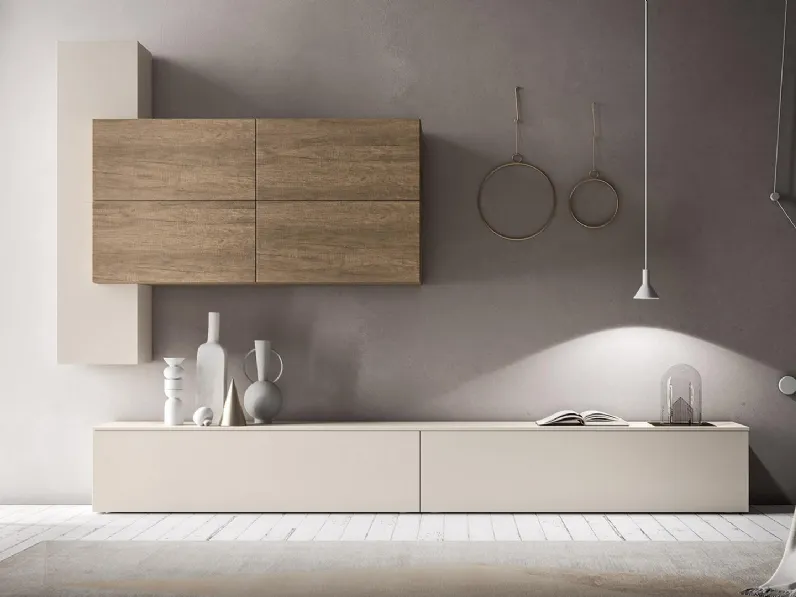 Parete Attrezzata HC020 in laccato opaco madreperla e Nodato Chiaro di Murobianco