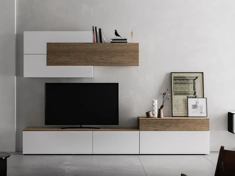 Parete Attrezzata HC021 in laccato opaco Bianco e materico Nodato Chiaro di Murobianco