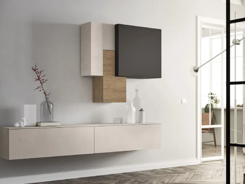 Parete Attrezzata sospesa HC023 in materico Cemento Chiaro e Nodato Chiaro e laccato opaco Antracite di Murobianco