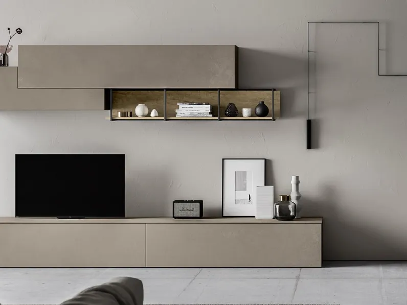 Parete Attrezzata HC024 in materico Cemento Chiaro di Murobianco