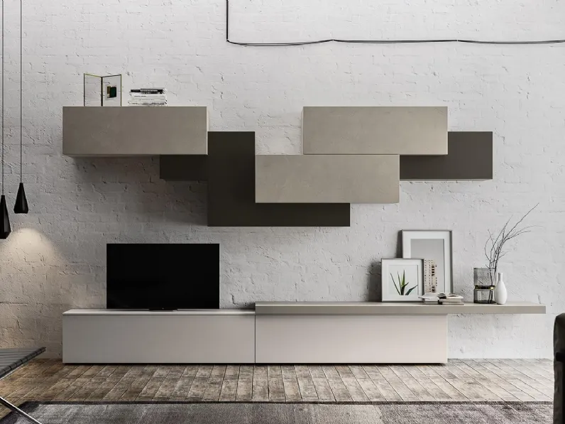 Parete Attrezzata componibile HC025 in laccato opaco e materico di Murobianco