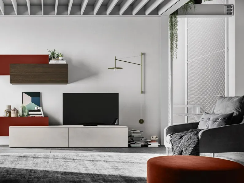 Parete Attrezzata HC034 in materico Cemento Chiaro e Rovere Termocotto e laccato opaco Bordeaux di Murobianco