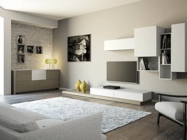 Parete Attrezzata in laccato chiaro con base in melaminico Insieme Composizione 07 di Zanotti Mobili