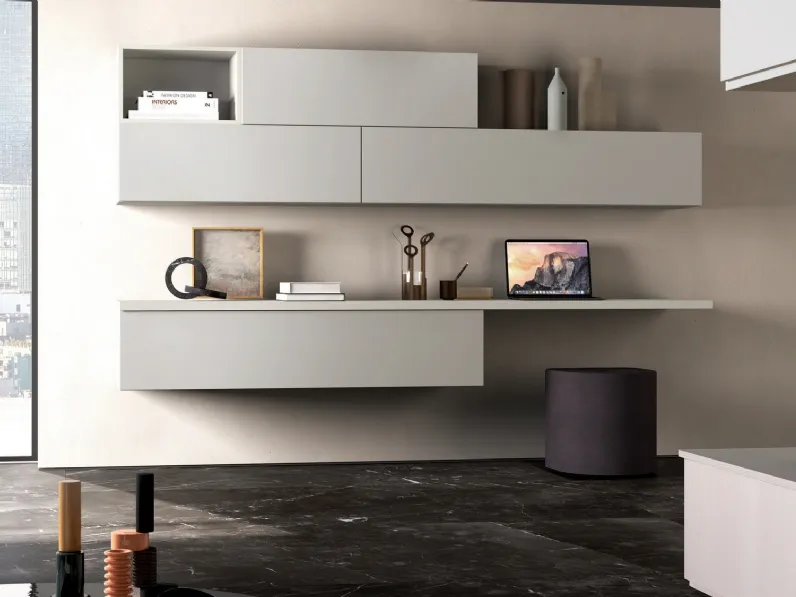 Parete Attrezzata sospesa con scrittoio Living 629 in finitura Cemento e Betulla di Ime Arredamenti