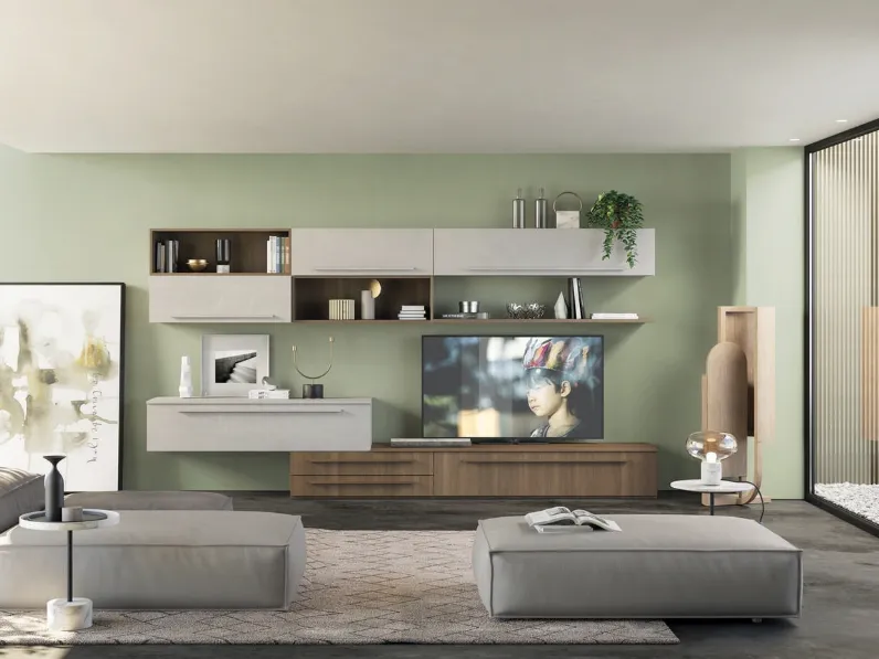 Parete Attrezzata Living 633 in finitura Cemento e Rovere Tabacco di Ime Arredamenti