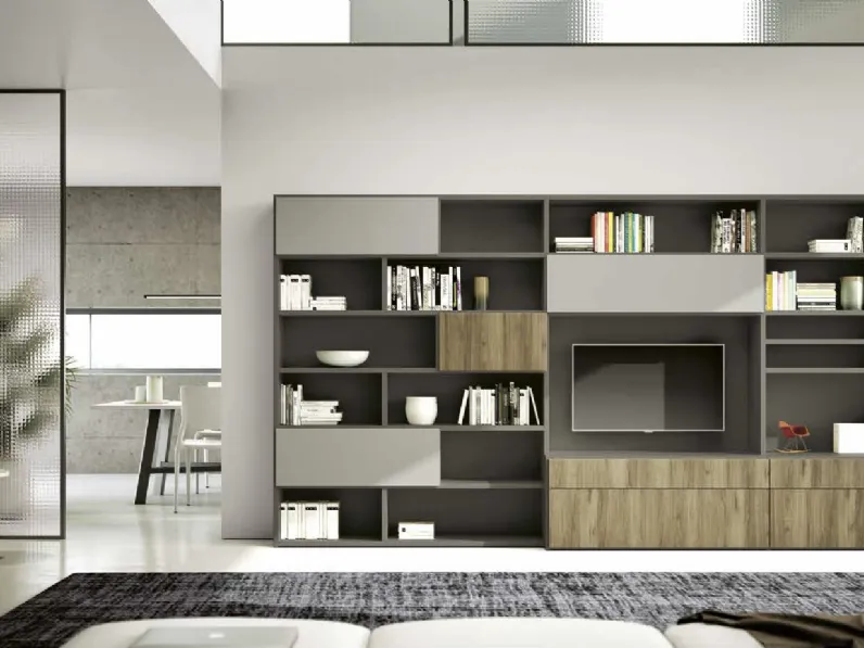 Parete Attrezzata Living 844 in laccato opaco e melaminico Rovere nodato di Spagnol Mobili