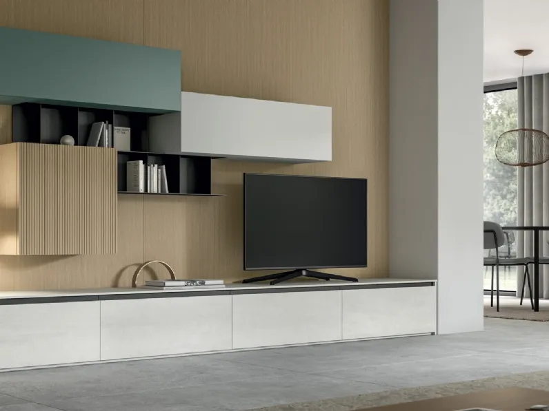 Parete Attrezzata Living Glass in laminam Pietra di Savoia e impiallacciato di Arredo3