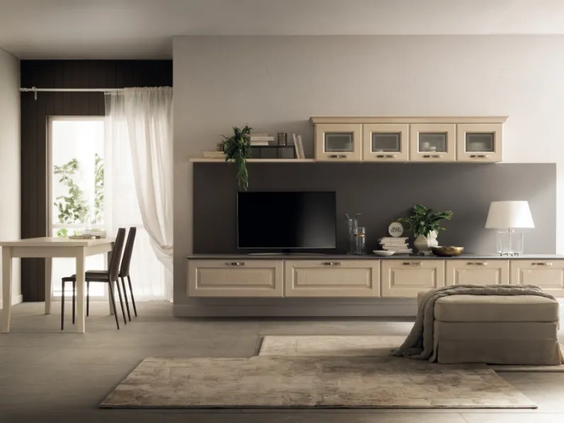 Parete Attrezzata sospesa Living Madeleine 02 in Frassino Bianco Burro di Scavolini