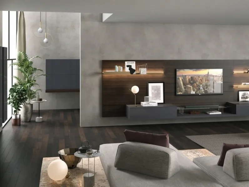 Parete Attrezzata sospesa in laccato lucido e legno Living TV 01 di Turati T4