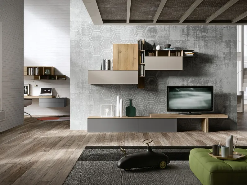 Parete Attrezzata in melaminico e materico rovere LK08 di Cinquepuntozero