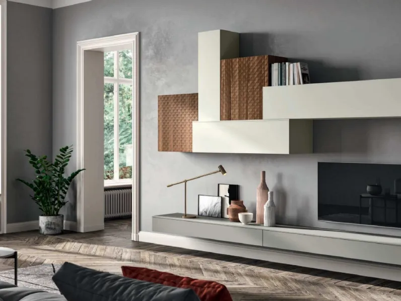 Parete Attrezzata sospesa in laccato e impiallacciato noce LK03 di Cinquepuntozero