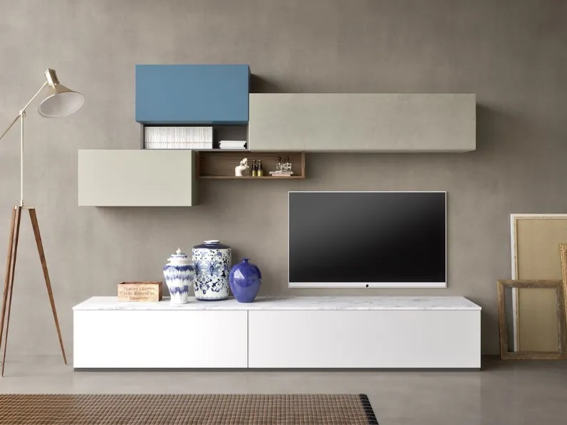 Parete Attrezzata Comp 23 in melaminico con top effetto marmo di Mab