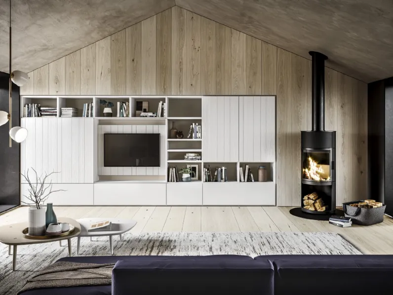 Parete Attrezzata in legno finitura bianco gesso con TV a scomparsa M05 Maestrale di Scandola