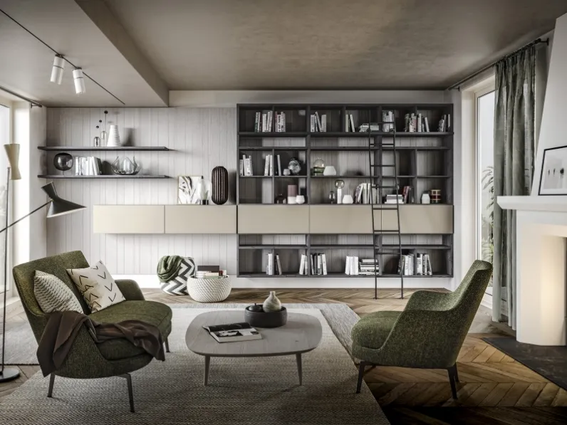 Parete Attrezzata sospesa con libreria M04 Maestrale in legno e laccato di Scandola