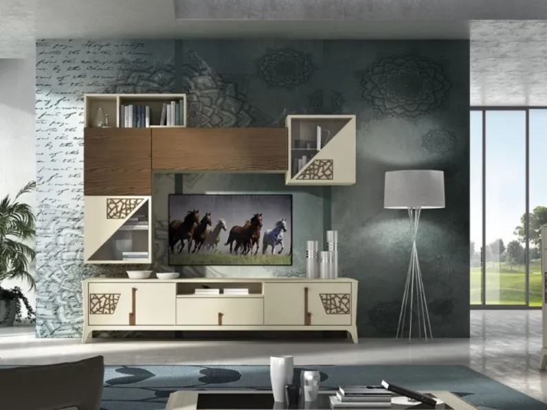 Parete Attrezzata Manhattan art 6029 finitura Bianco Stil e Tabacco Chiaro di Padovani Mobili