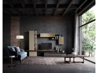La composizione Horizon 914 di Mobilgam è una parete attrezzata dal design architettonico essenziale