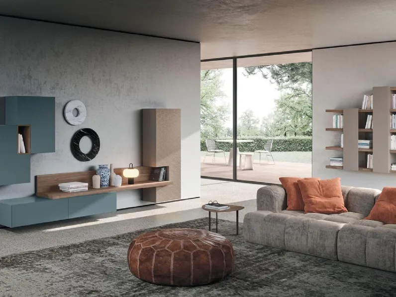 Parete Attrezzata Composizione Horizon 922 in laccato opaco, legno e materico di Mobilgam