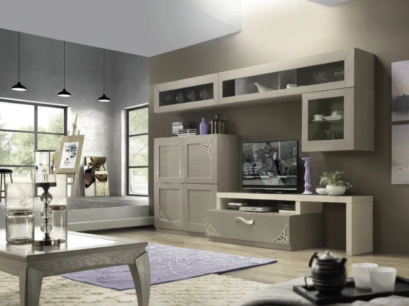 Parete Attrezzata Moon Project IM8376 in legno finitura Fango e Sabbia con trafori di Imba Srl