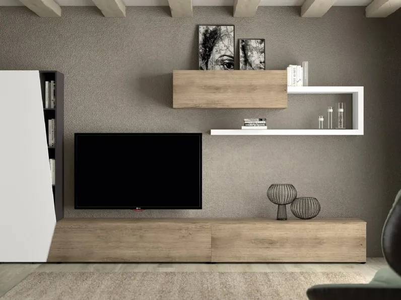 Parete Attrezzata HC111 in materico Nodato Chiaro e laccato opaco Bianco Gesso e Antracite Murobianco