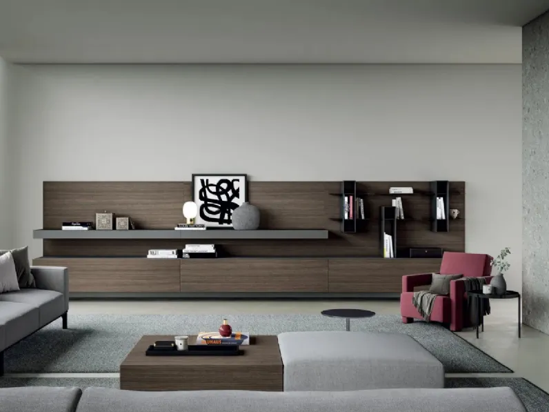 Parete Attrezzata sospesa Line Up 01 in finitura nobilitato design plissédi con top in finitura marmo lava Dielle Modus