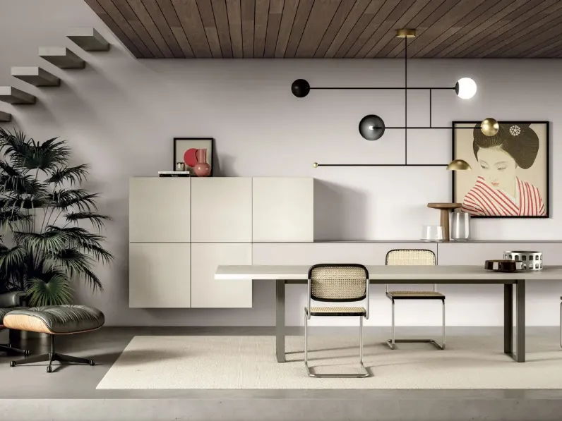 Parete Attrezzata sospesa Line Up 12 in finitura laccato opaco e spatolato marmo di Dielle Modus