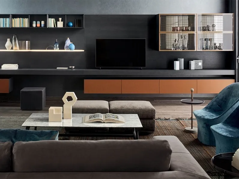 Parete Attrezzata People in frassino antracite e cuoio di Pianca