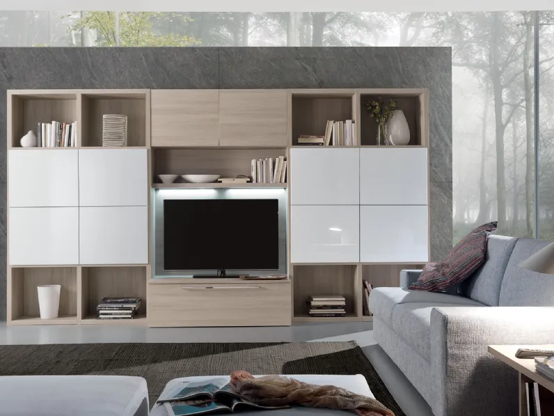 Parete Attrezzata Shining Marilù finitura bianco lucido e olmo light di S75