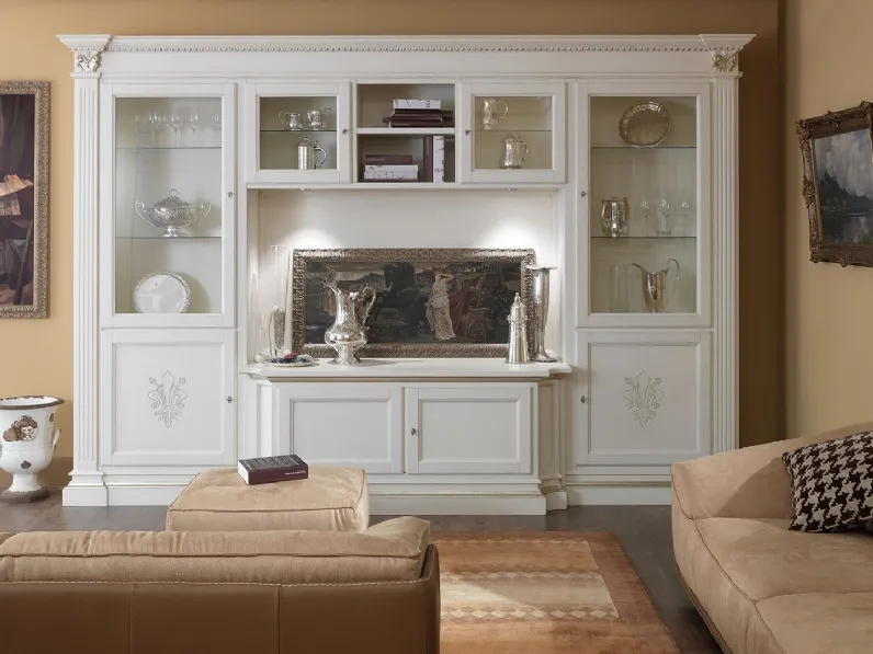 Parete Attrezzata in legno laccato bianco e decorazioni con ripiani in vetro Classico 01 di Salaiolo