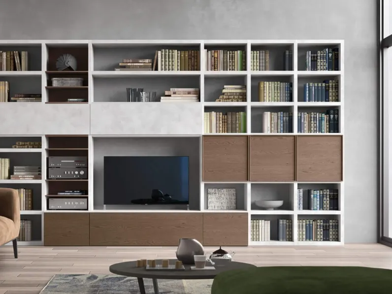 Parete Attrezzata Sistema Spalla Comp SA2222 in melaminico cemento Grigio e impiallacciato Nocciola di Maronese