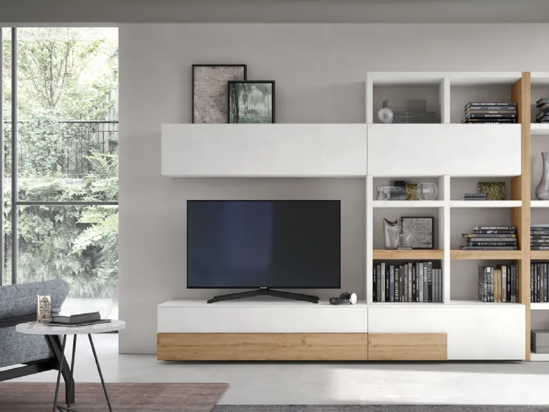 Parete Attrezzata Seta Spalla SA2215 in melaminico Rovere Nodato e Cemento Bianco di Maronese Acf