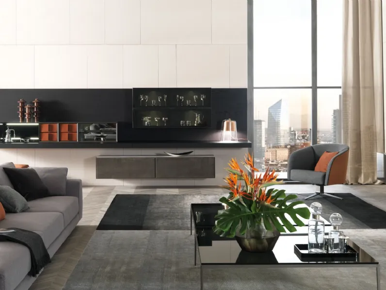 Parete Attrezzata sospesa Tao 03 in laccato e materico di Misuraemme