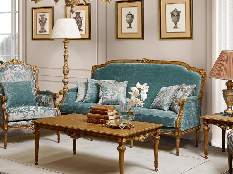 Poltrona classica in tessuto damascato con struttura in legno intagliato Art 0026 di Vittorio Grifoni