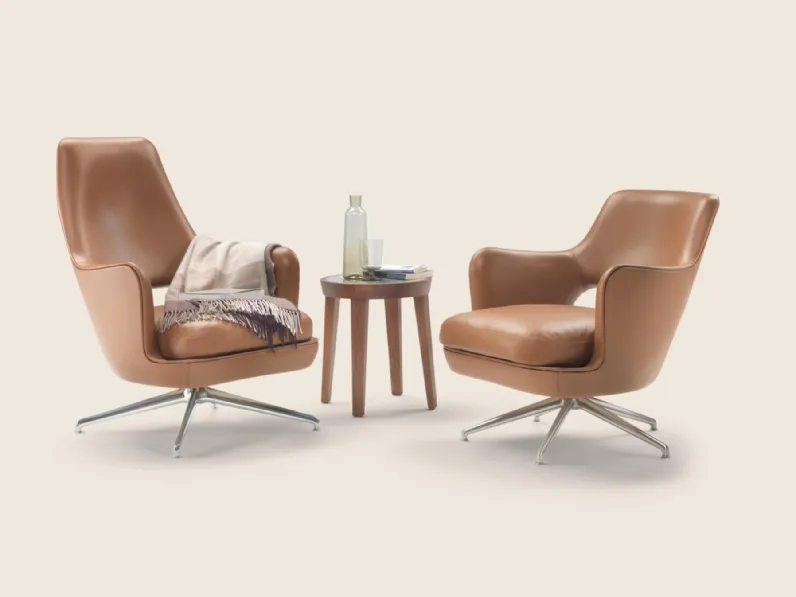 Poltrona Eliseo in pelle con base girevole in alluminio di Flexform