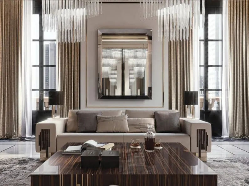 Divano lineare in tessuto imbottito con lame decorative in metallo finitura oro satinato Belle Epoque di Reflex